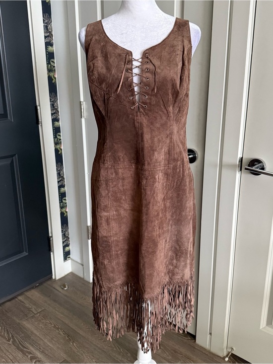 ECI Dresses & Skirts - Vintage 90s ECI New York Brown Leather Sheath Dress with Fringe Hem Size 8